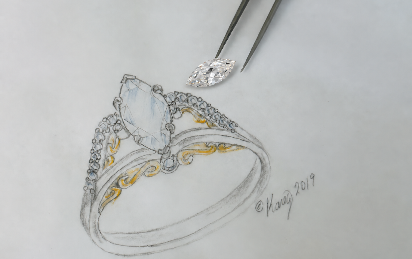 Loose marquise diamond beside tweezers above Kanae’s ring design drawing