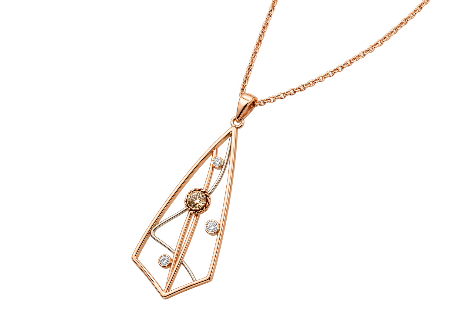 Custom rose-gold geometric pendant and chain designed by Greg and Kanae